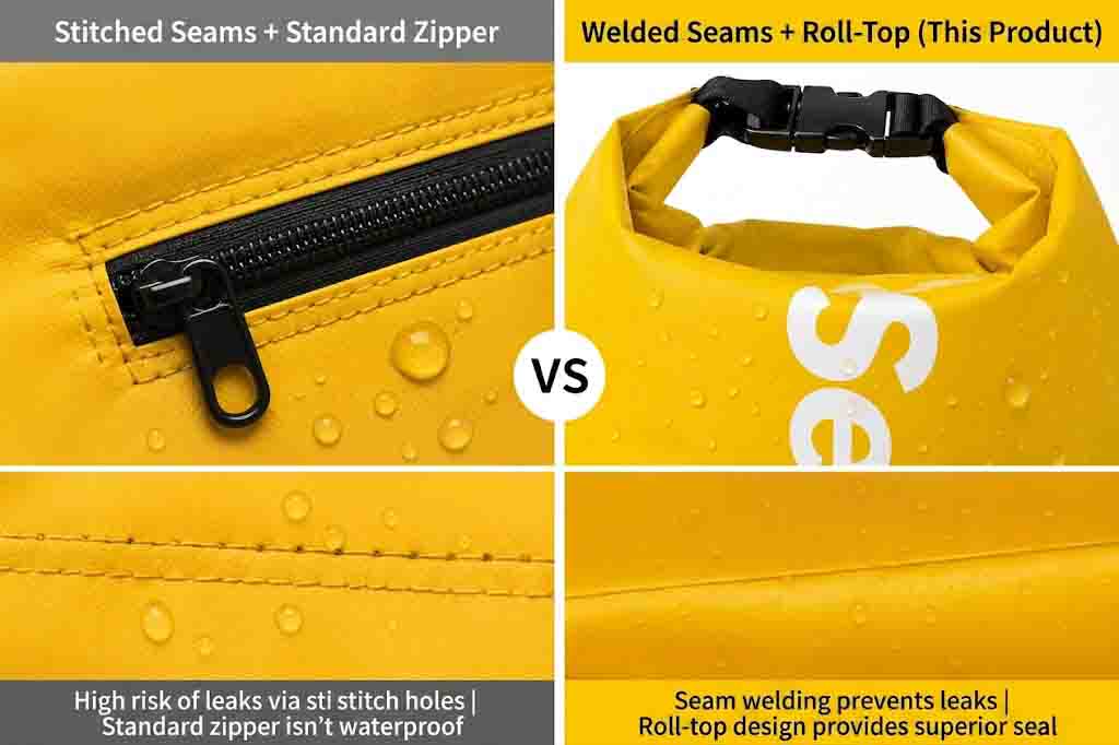 Stitched seams and standard zipper versus welded seams and roll-top closure on backpacks